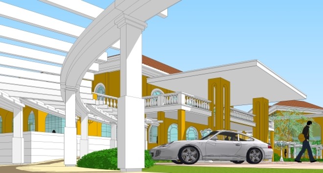 Perpespectiva do projeto de Wilson Pinto para a área externa de um hotel | 