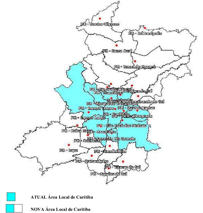 Municípios que podem receber tarifa local na região de Curitiba | 