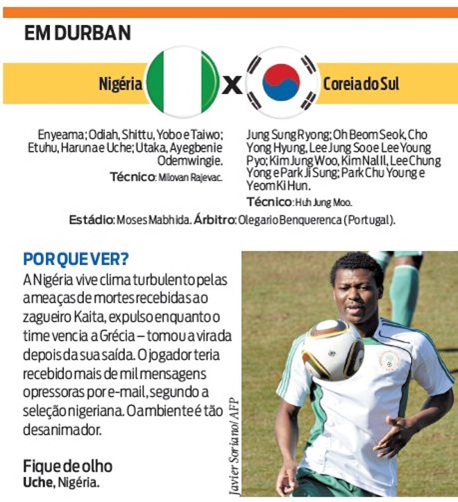 Veja a ficha técnica do jogo Nigéria X Coreia do Sul | 