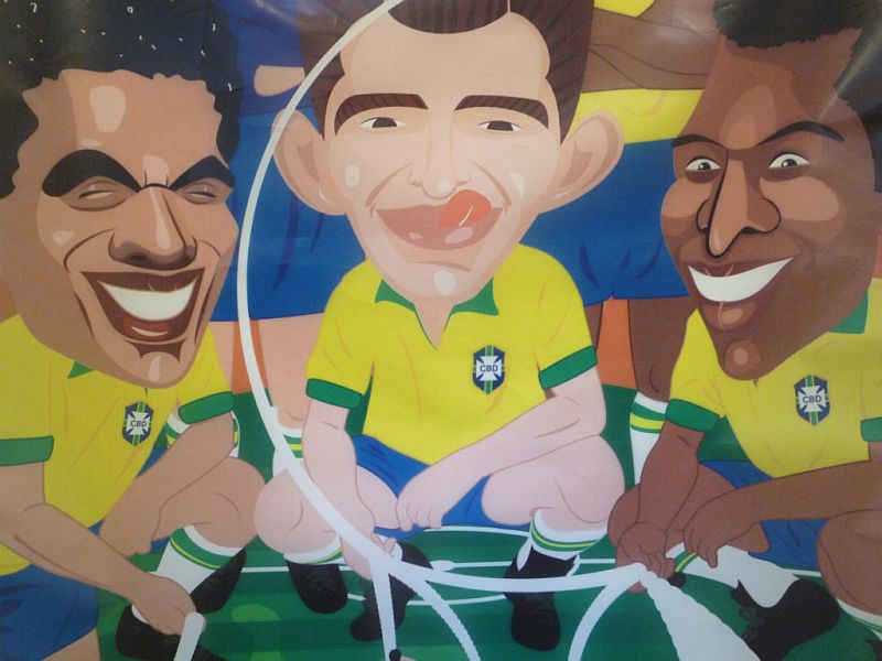 Garrincha, Bellini e Pelé: ilustração resgata triunfo dos brasileiros sobre os científicos soviéticos. Na Copa de 1958, 2 a 0 para a seleção canarinho | Reprodução