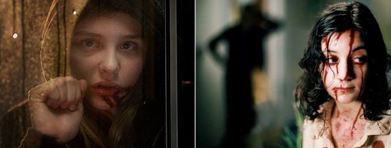 A vampira mirim da trama na versão norte-americana (à esquerda) e no original sueco | Divulgação