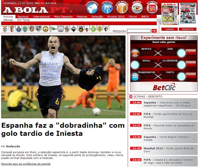 O português A Bola lembra da unificação dos títulos da Europa e do Mundo |