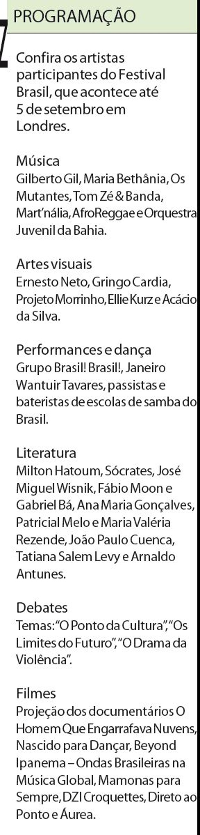 Confira os participantes do Festival Brasil |