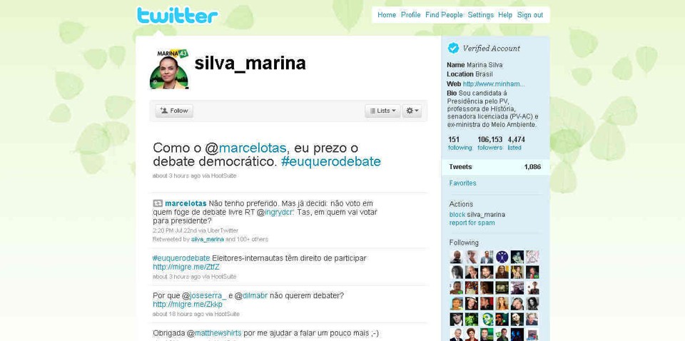 Marina Silva repercute ausência de Dilma e Serra em debate no Twitter: #euquerodebate, escreve a candidata | Reprodução