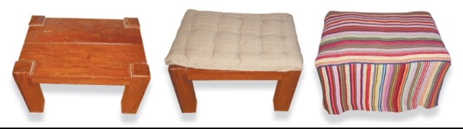 A arquiteta Cláudia Ferreira aproveitou a mesa inutilizada e fez um pufe, colocando almofada e capa de crochê |