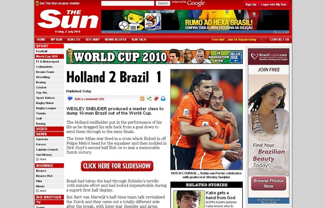 Sneijder teve a atuação da vida contra o Brasil, diz o The Sun |
