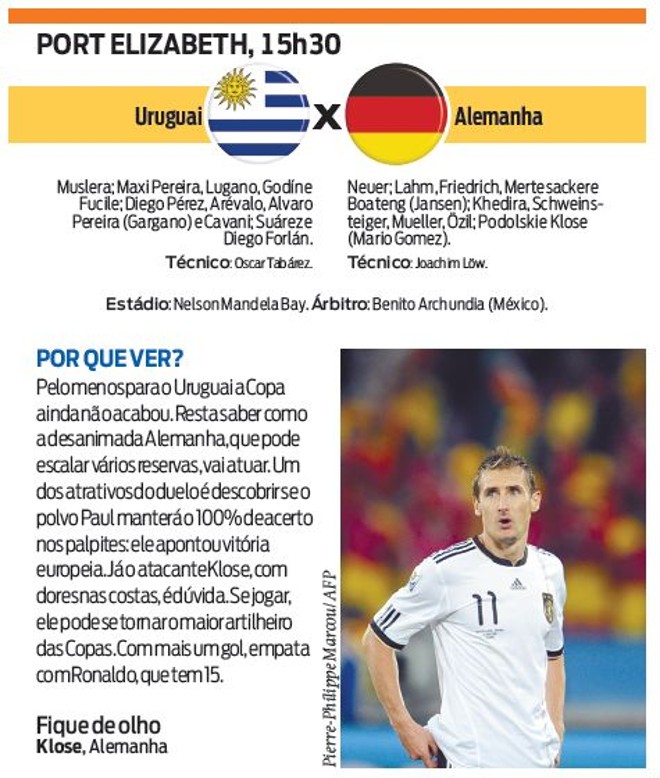 Veja a ficha técnica do jogo Uruguai X Alemanha | 