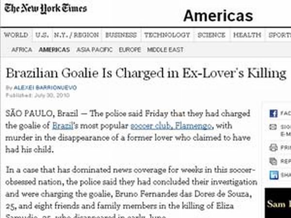 Página do jornal "New York Times" com reportagem sobre a conclusão do inquérito do desaparecimento de Eliza Samúdio | Reprodução / New York Times