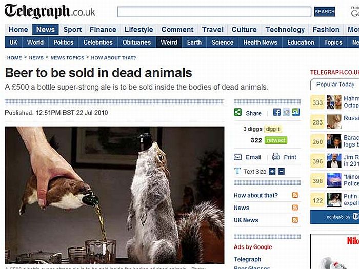 Cerveja vem alojada dentro de um animal morto | Reprodução/Telegraph