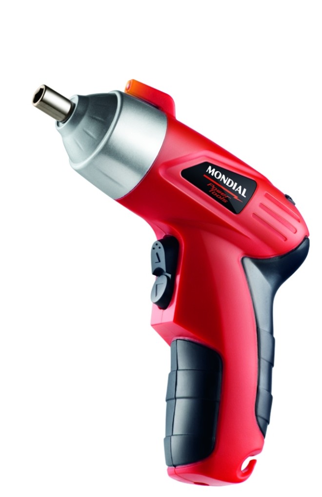 Parafusadeira recarregável 3,6V, com lâmpada led e display luminoso, da Mondial. Preço sugerido: R$ 74,90 |