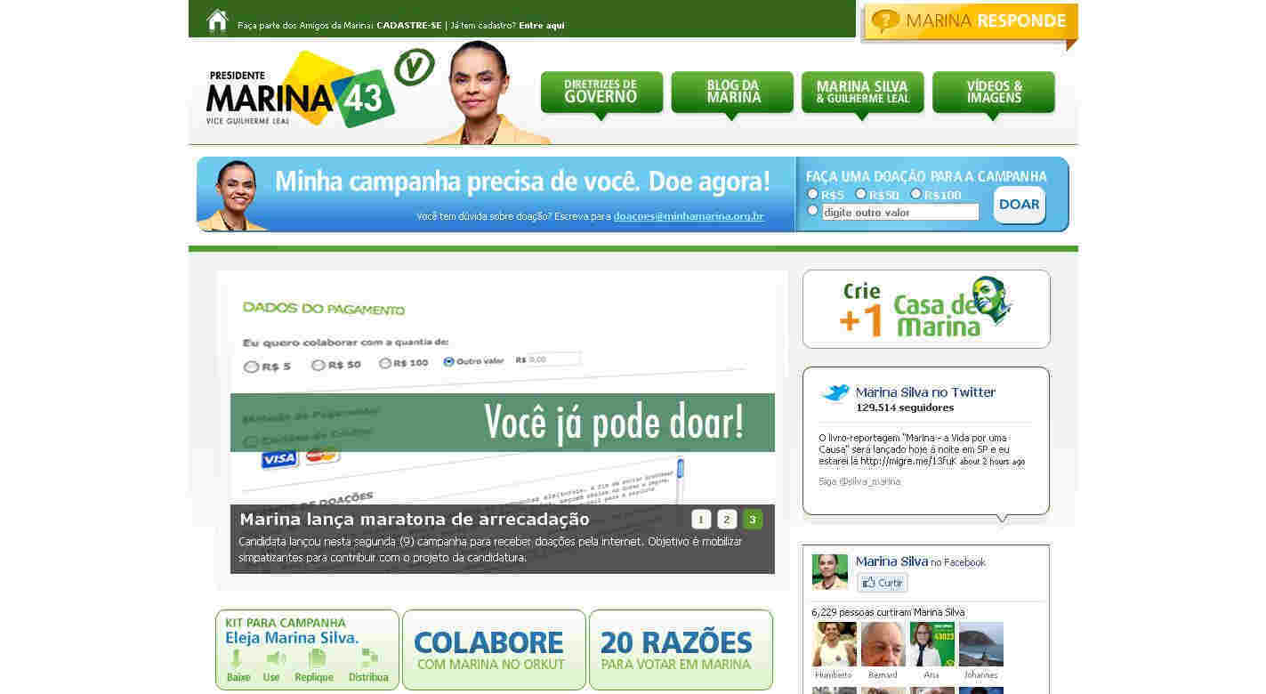 O sistema de doações da campanha de Marina Silva vem operando desde sexta-feira em caráter experimental e já arrecadou R$ 12 mil | Reprodução
