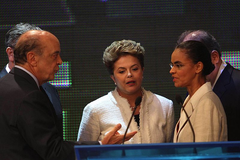 Serra, Dilma e Marina, antes do debate: os dois primeiros ignoraram a candidata do PV e Plínio de Arruda Sampaio, do PSol | Rahel Patrasso/Futura Press