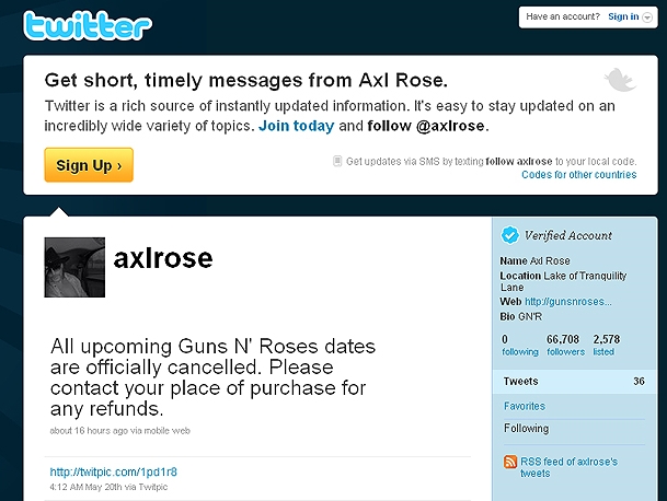 Captura de tela mostra tweet supostamente feito por hacker no perfil de Axl Rose | Reprodução