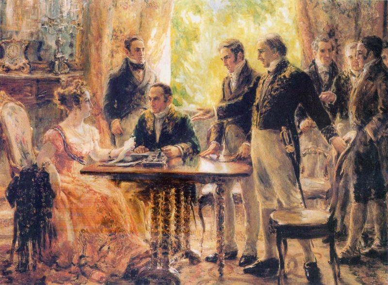 Imperatriz d. Leopoldina, durante reunião com o Conselho de Ministros, atuando como regente do Império, em 1822 | Reprodução