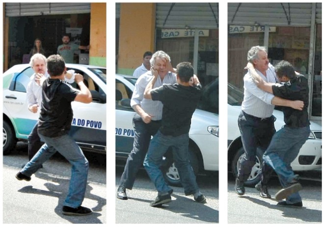 O diretor Dirceu Galvão (de branco) brigou em plena rua com um associado do Sindimoc: tensão às vésperas da eleição |