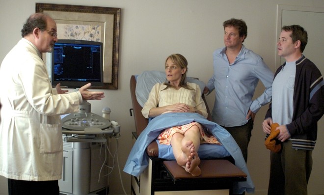 O escritor Salman Rushdie, Helen Hunt e Colin Firth: visitas ao médico são pontos altos do filme | Divulgação
