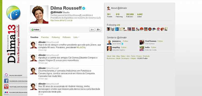 A candidata do PT à Presidência da República, Dilma Rousseff, foi uma das pessoas a parabenizar o presidente Lula pelo aniversário no Twitter | Reprodução