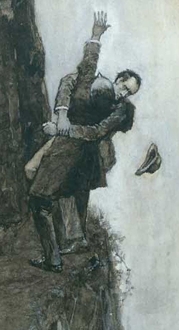 Ilustração de Sidnet Paget (1893) para a Collier´s com Sherlock e Moriarty engalfinhados no abraço mortal na cachoeira de Reichenbach | Reprodução