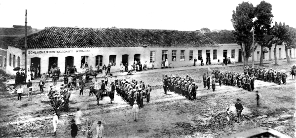 A imagem mais antiga que temos do que seria a Avenida Luiz Xavier é essa que mostra a tropa de marinheiros do almirante Custódio de Mello voltando do Cerco da Lapa, em fevereiro de 1894 |