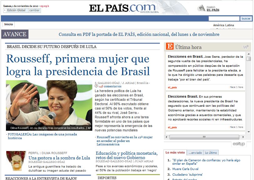 O site do jornal espanhol El País destaca o fato de Dilma ser a primeira mulher eleita | Reprodução