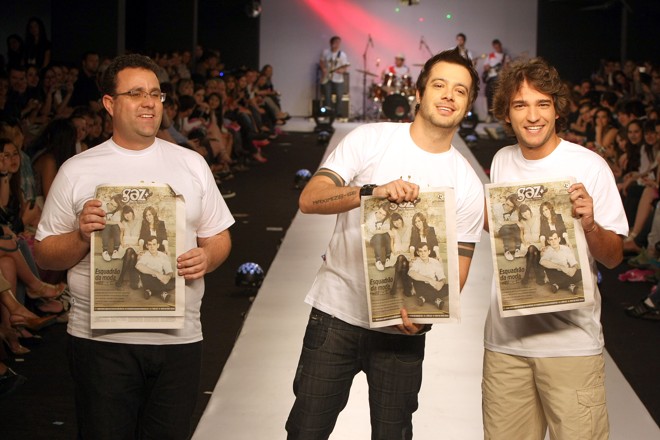 Cristiano Freitas, o BBB Max e o ator Humberto Carrão no desfile do GAZ+ no Crystal Fashion. |