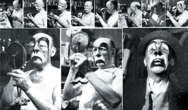 Sequência fotográfica de Otelo Queirolo se transformando no palhaço Chic-Chic |