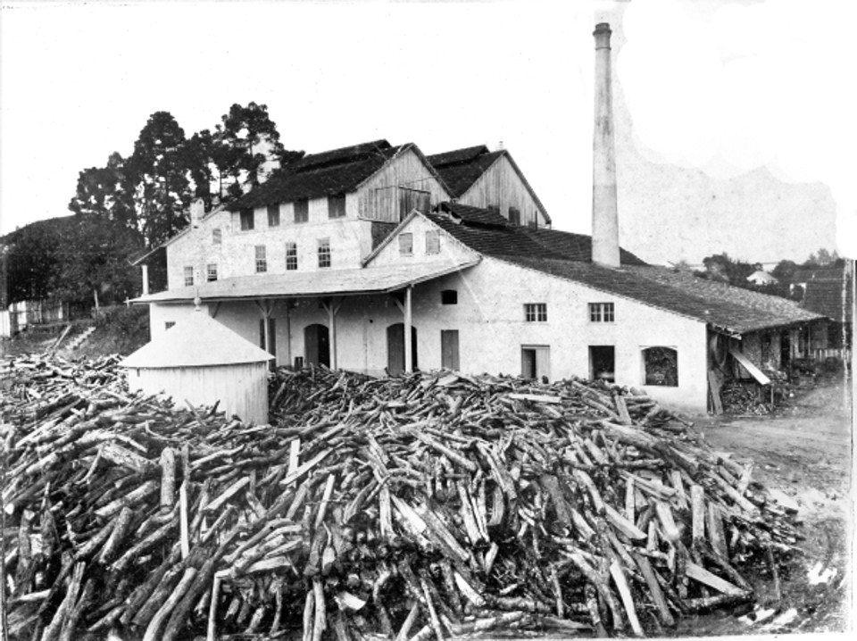 Cervejaria Cruzeiro no bairro do Batel, década de 1920. Como todas as indústrias de Curitiba e mesmo os fogões, quer caseiros, quer industriais, utilizava a lenha como o único combustível existente | 