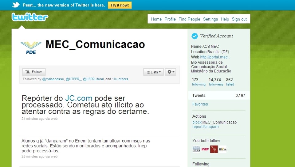 Perfil do MEC no twitter ameaça estudantes e repórter | 