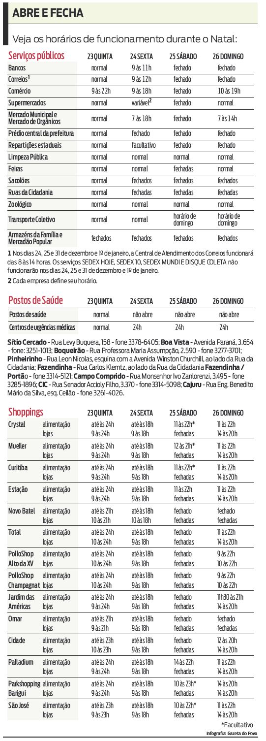 Veja os horários de funcionamento durante o Natal |
