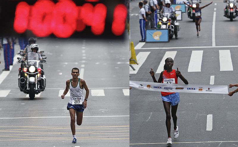 Marílson e Timbilili comemoram o último título do atletismo em 2010 | Nelson Almeida / AFP