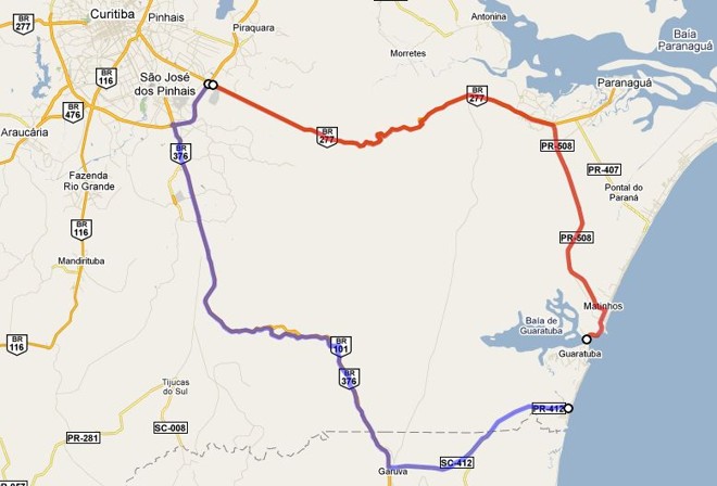No mapa você confere o trajeto entre Curitiba e Guaratuba |