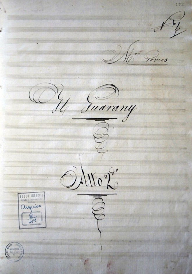 Manuscrito da partitura de O Guarani, com a assinatura de Carlos Gomes | 