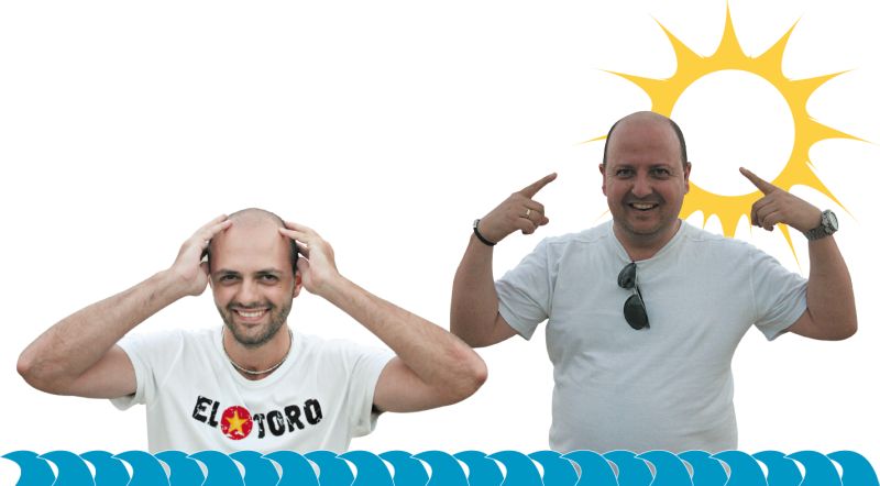 O arquiteto Luis Felipe Hakim (esq.), que assumiu a careca há alguns meses, começou a sofrer com o problema aos 19 anos. Luciano Marcon, de 37 anos, anda sempre com o protetor solar de fator 30 na mala, mas o boné... | Hedeson Alves / Gazeta do Povo