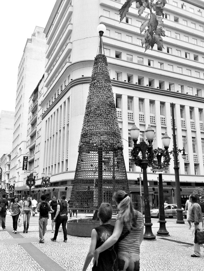 Árvore de Natal ornada com vasos de flores, nas esquinas das ruas XV e Barão do R. Branco, foi saqueada por passantes. Tinha piá vendendo os vasinhos nas bandas do Portão |