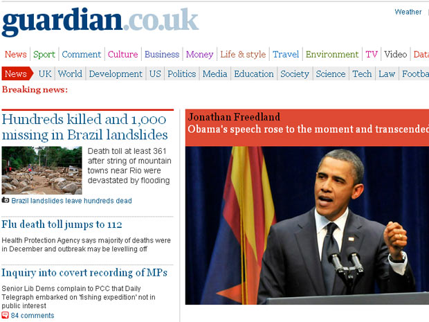 Centenas morrem e 1.000 estão desaparecidos após deslizamentos de terra no Brasil, diz a chamada na capa da edição on-line do diário britânico "Guardian" | Reprodução