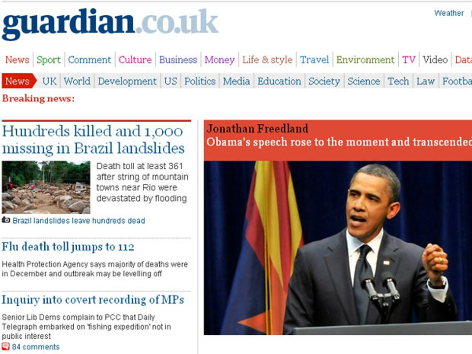 Centenas morrem e 1.000 estão desaparecidos após deslizamentos de terra no Brasil, diz a chamada na capa da edição on-line do diário britânico "Guardian" | Reprodução