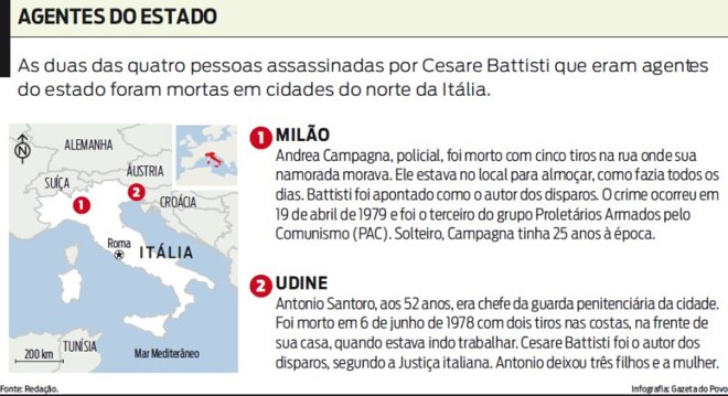 Veja no mapa as cidades ondem foram mortas as vítimas de Battisti |