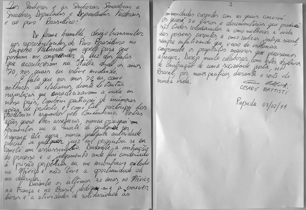 A carta de Cesare Battisti apresentada pelo senador Eduardo Suplicy | Reprodução