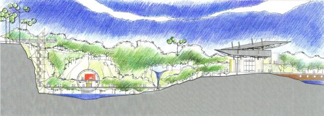 Lazer: cercado por área verde, o parque também teria espaços de recreação, além de dois lagos, uma queda d'água e um mirante |