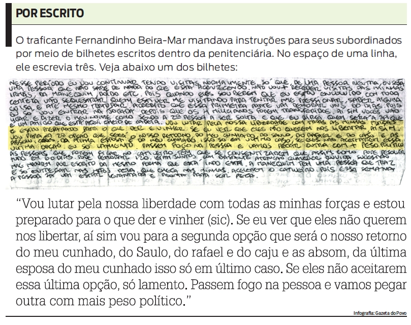 Veja um dos bilhetes escritos pelo traficante |
