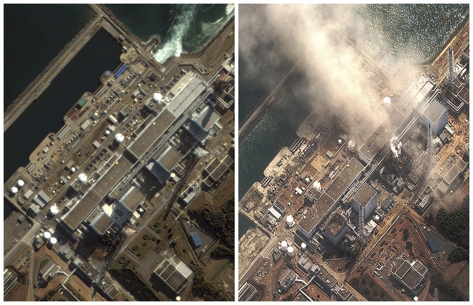 Combinações de imagens feitas por satélite do reator nuclear número 3 da usina Daiichi, de Fukushima, em chamas após explosão que ocorreu depois do terremoto e tsunami no Japão | Reuters
