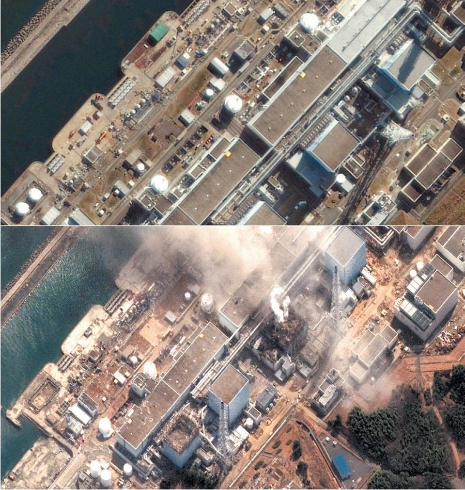 Combinação de imagens de satélite mostra a planta da usina nuclear de Fukushima antes e depois do terremoto | Reuters