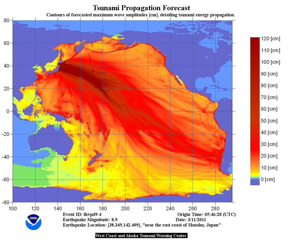 No mapa, a propagação de energia das ondas do tsunami através do Oceano Pacífico | West Coast and Alaska Tsunami Warning Center