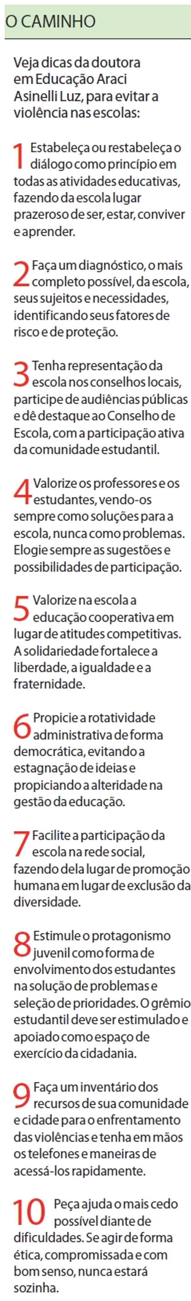 Veja dicas da doutora em Educação Araci Asinelli, para evitar a violência nas escolas | 