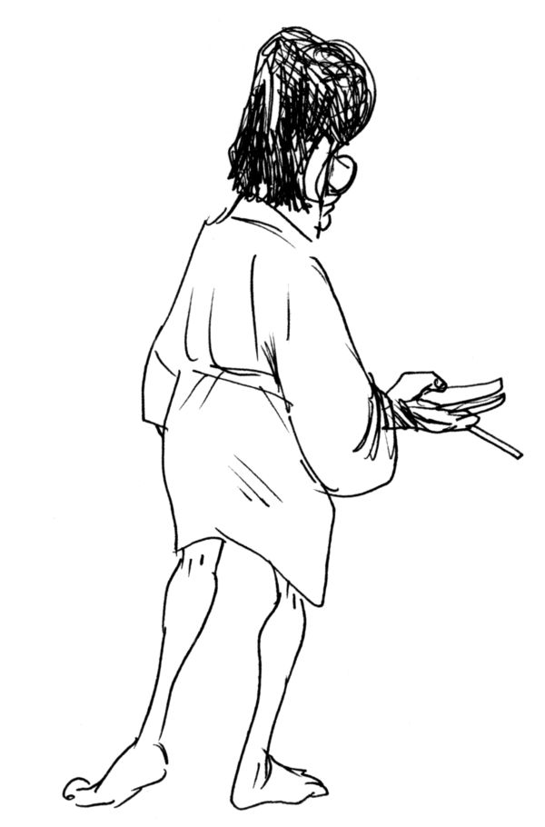 Esboço de Caruso mostra Mario Prata usando um roupão, um dos prazeres descobertos pelo escritor no Spa São Pedro, de Sorocaba | Reprodução