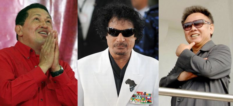 Hugo Chávez (esq.), um dos psicologicamente avaliados. Kadafi (centro) teria perfil do tipo preparado para morrer. O norte-coreano Kim Jong-Il, alvo de investigações | AFP e Reuters