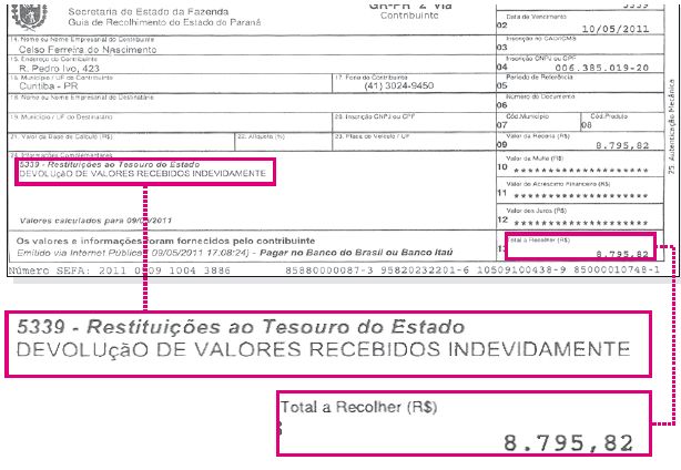 Veja o comprovante de devolução dos recursos recebidos por Celso Nascimento |