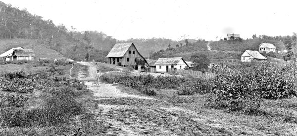 Na Colônia Senador Correia vemos um núcleo de casas de madeira, material que era usado inclusive no telhado, quando as habitações eram ditas como cobertas de tabuinhas. A foto é de 1919 |