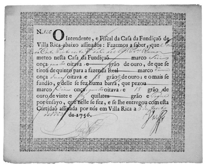 Documento, com data de 1756, que atesta a contabilidade do ouro feita na época | 