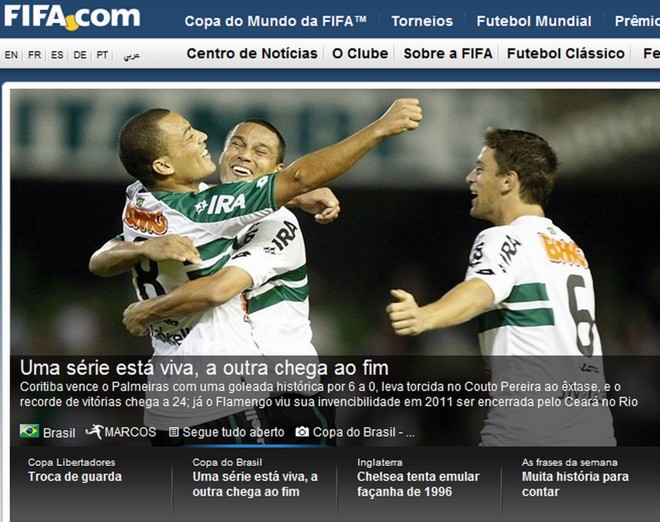 Mais uma vez o Coritiba ganhou destaque no site da Fifa |